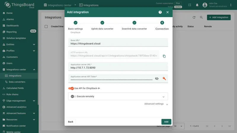 Add integration wizard — Connection step: Base URL (8), HTTP endpoint URL with copy button (9), Application server URL (10), API Token (11), Add button (12)