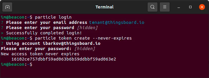 Terminal — particle token create --never-expires command outputs New access token never expires followed by the token string