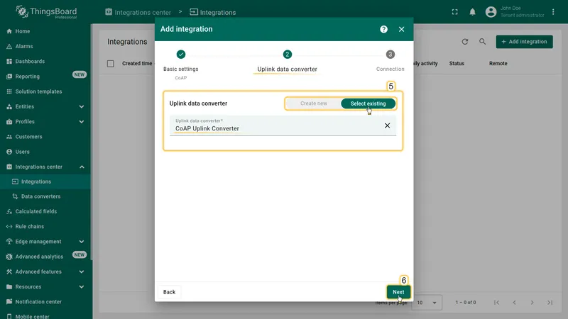 Add integration wizard — Uplink data converter: Select existing active, CoAP Uplink Converter selected in the converter field