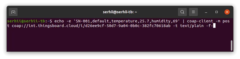 Terminal window: coap-client POST command sending CSV text payload with Content-Type text/plain to the CoAP integration endpoint