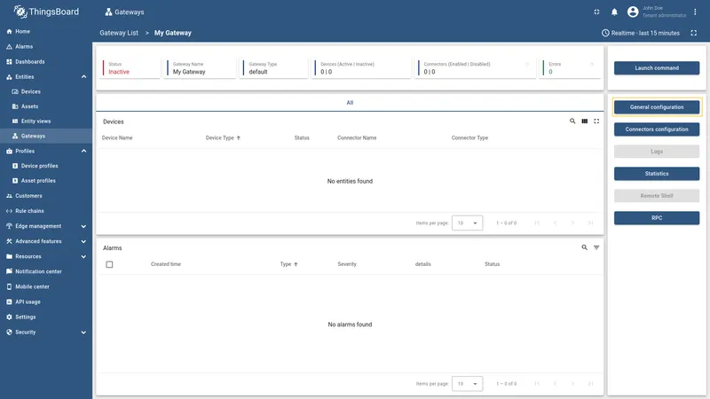 Gateway device page with General configuration button