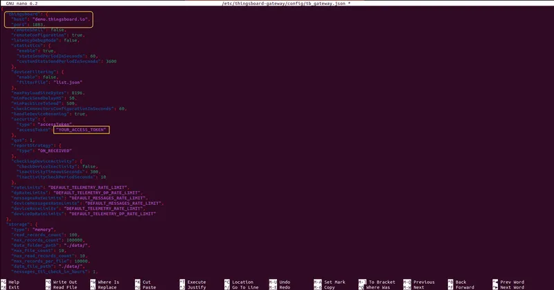 tb_gateway.json open in nano with host, port, and token fields