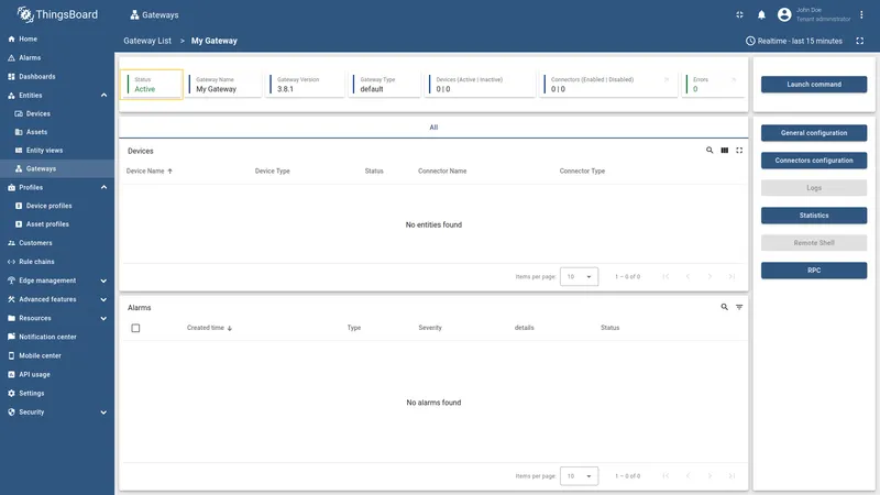 ThingsBoard Gateways page showing the gateway status as Active