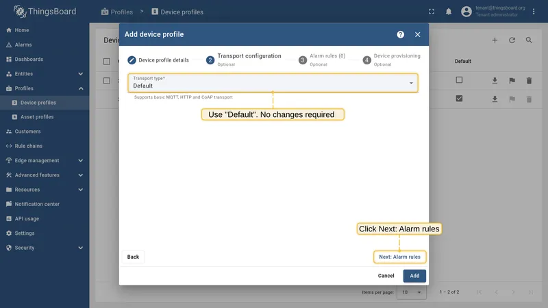 Keep default transport config, proceed to Alarm rules