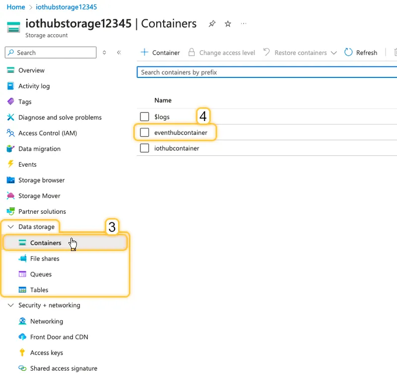 Storage account Containers page with Data storage → Containers selected in the left menu and eventhubcontainer highlighted in the list