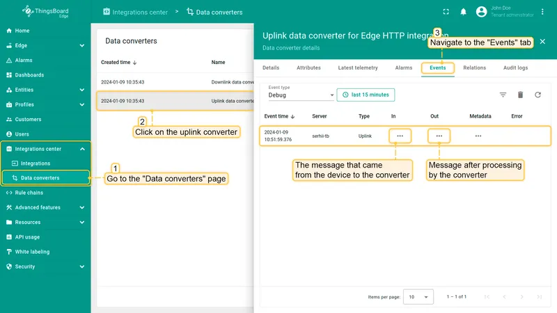 Uplink converter Events tab
