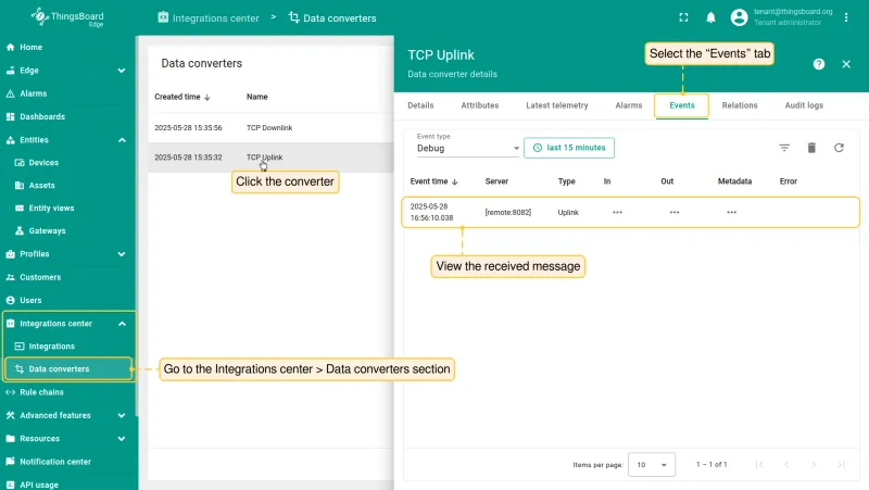 Uplink converter Events tab