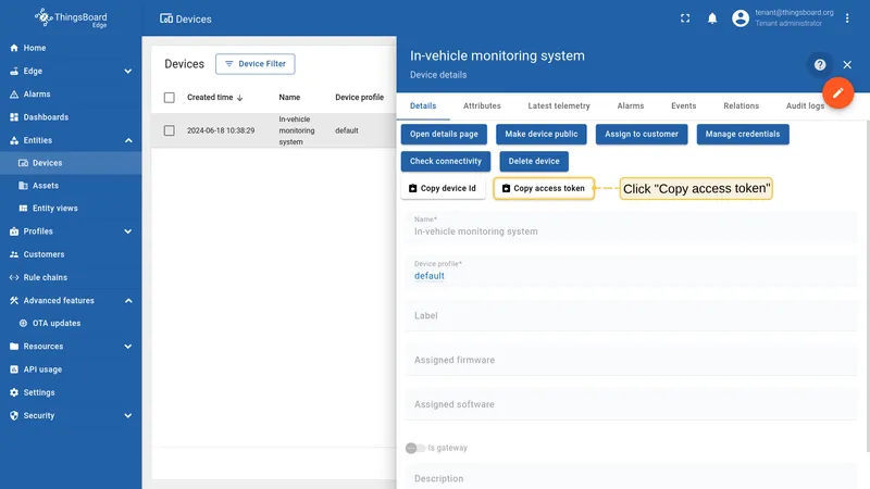 Copy the device access token