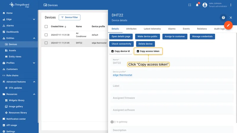 Copy the DHT22 access token
