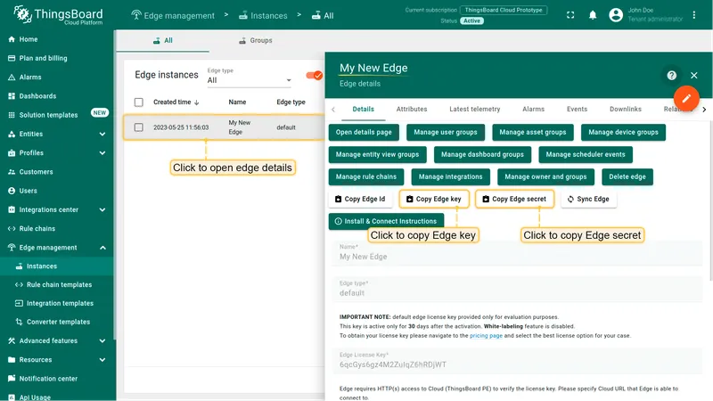 Copy Edge Key and Edge Secret from the instance details panel