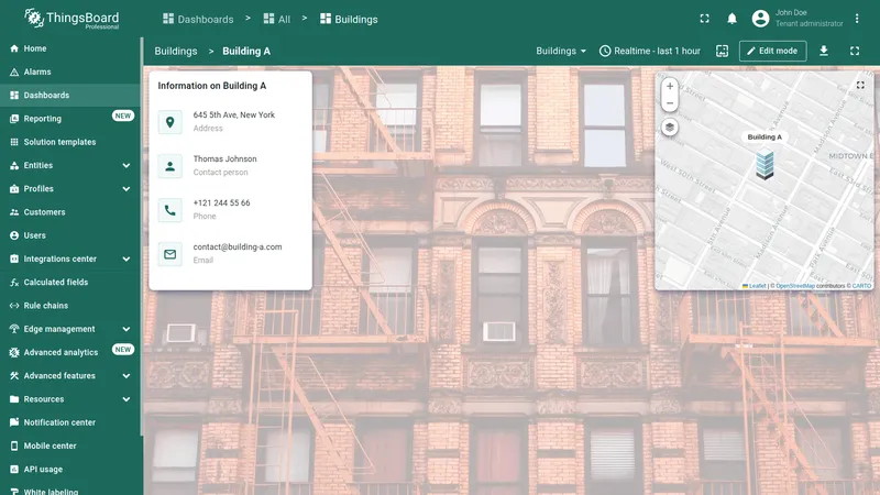 Building A state showing detailed information card and map focused on the selected building