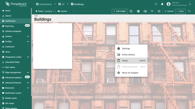 Dashboard in building state with context menu showing Paste option