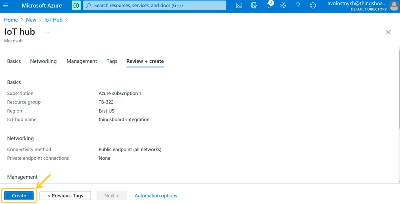 IoT Hub Review + create page summarizing Subscription, Resource group, Region, and IoT hub name, with Create button