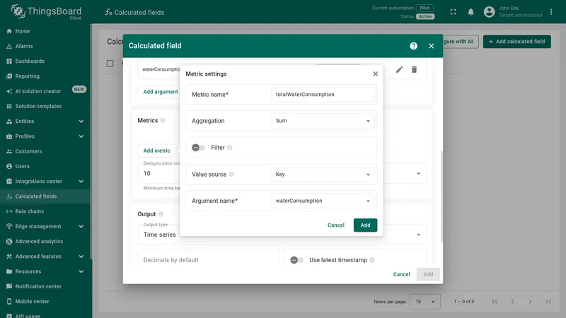 Metric settings dialog for totalWaterConsumption