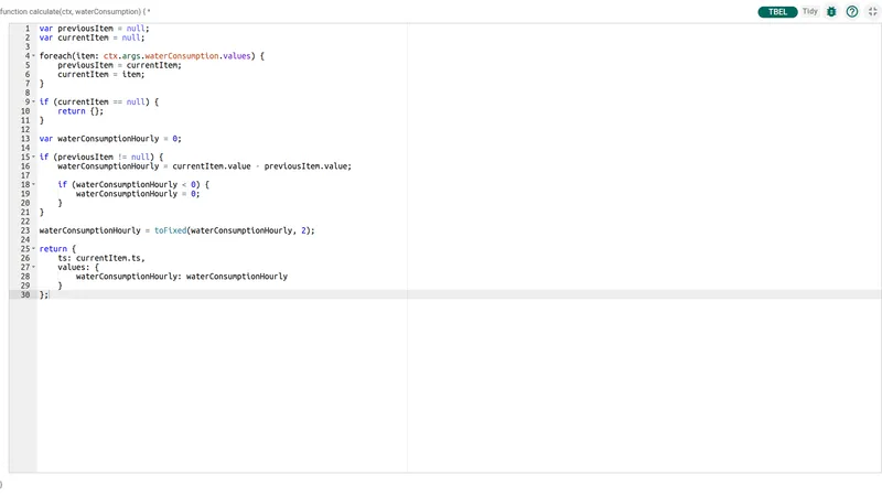 Full script in the TBEL editor showing delta calculation logic