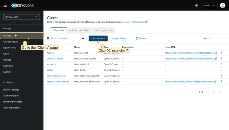 Keycloak Clients page