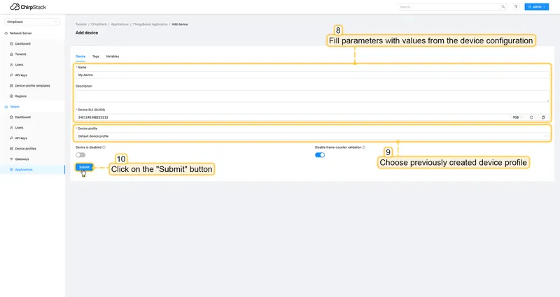 Fill parameters with values from the device configuration. Then choose previously created device profile and click on **Submit** button.