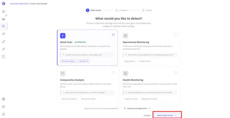 Select Intent step with the "Next: Select Intent" button highlighted