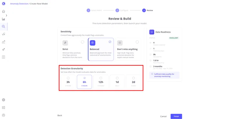 Review & Build step with Detection Granularity highlighted showing 3h, 6h, 12h, 1d, 2d options