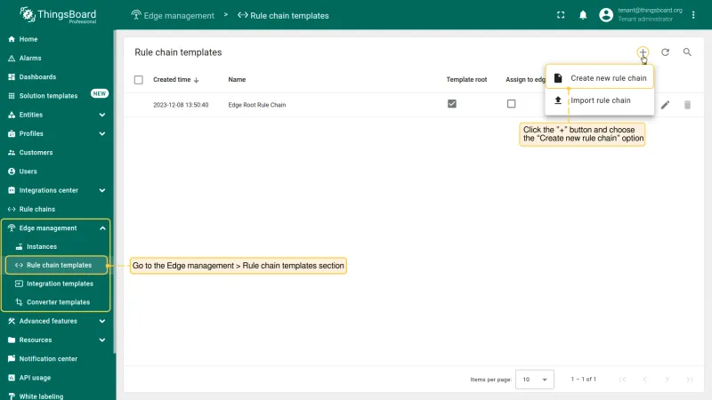 Edge management → Rule chain templates section with Add button (PE)