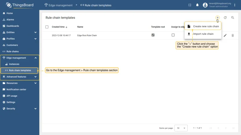 Edge management → Rule chain templates section with Add button