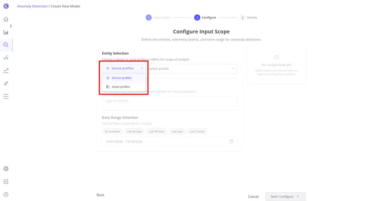 Configure step with entity type dropdown open showing Device profiles and Asset profiles