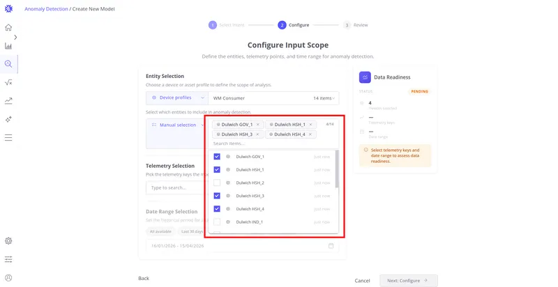 Configure step with several devices selected as chips and Data Readiness showing Pending