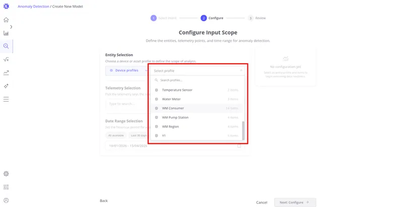 Configure step with profile selection dropdown open listing available device profiles