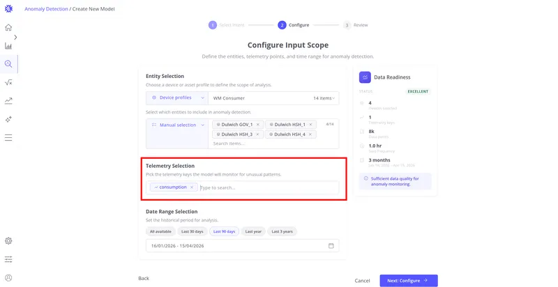 Configure step with Telemetry Selection field highlighted and a consumption key added