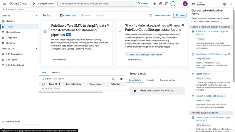 GCP Pub/Sub Topics list page with Create topic button
