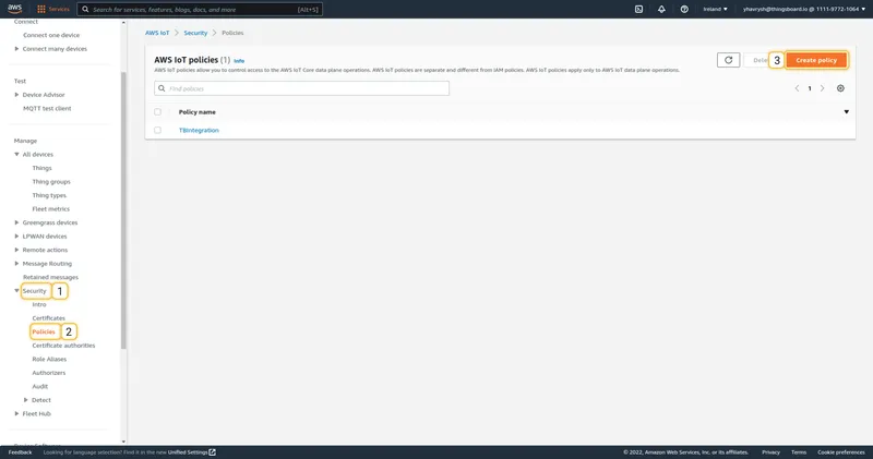 AWS IoT Policies page with Create policy button highlighted