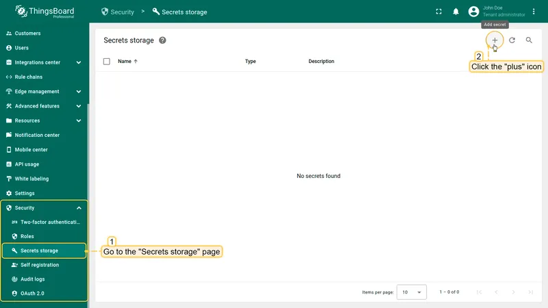 Secrets storage page — click the plus icon