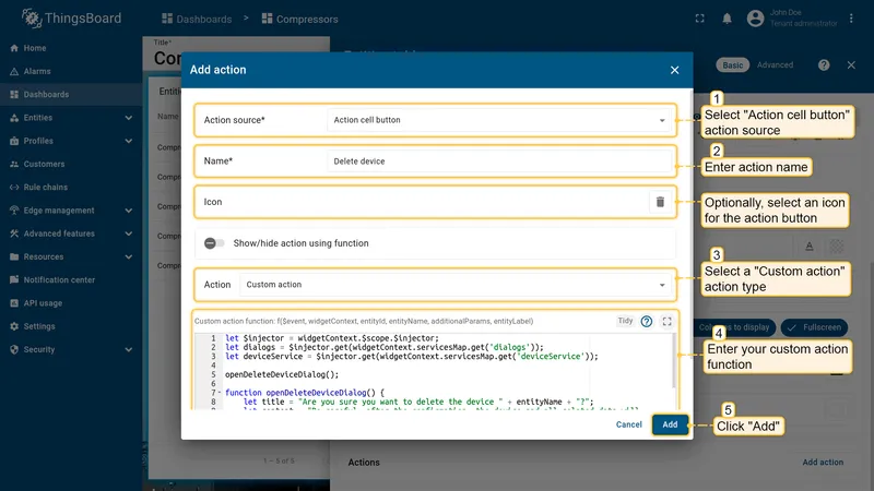 Configure custom action with delete function