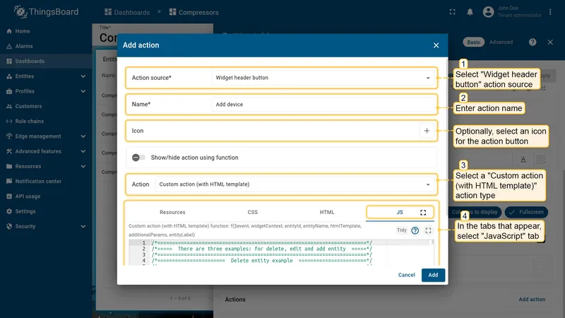 Configure custom action with HTML template