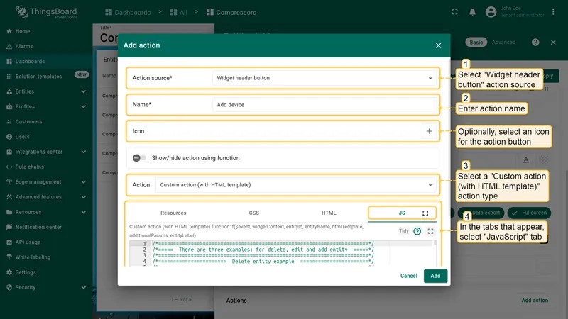 Configure custom action with HTML template