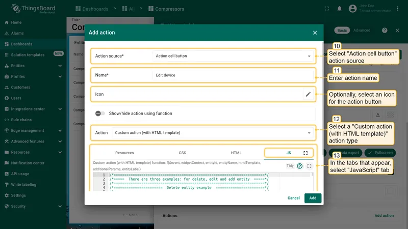 JavaScript tab for Edit device action