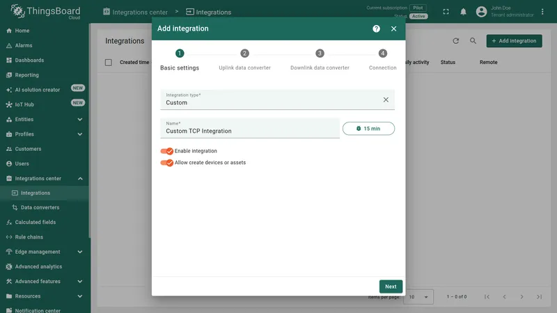 Add integration wizard — Basic settings: Integration type Custom, name Custom TCP Integration, Enable integration and Allow create devices or assets toggled on