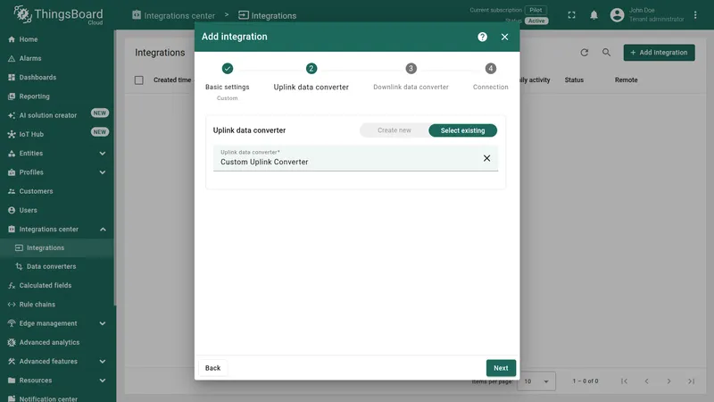 Add integration wizard — Uplink data converter step: Create new selected, name pre-filled, TBEL decoder editor open with Test decoder function button