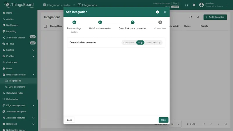 Add integration wizard — Downlink data converter step: Create new and Skip options shown