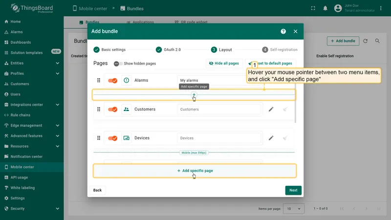 + Add specific page button highlighted in the layout menu
