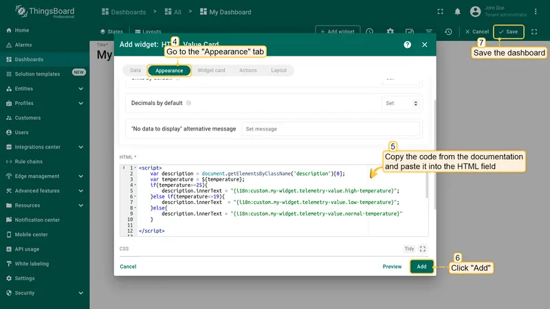 Paste HTML code in Appearance tab