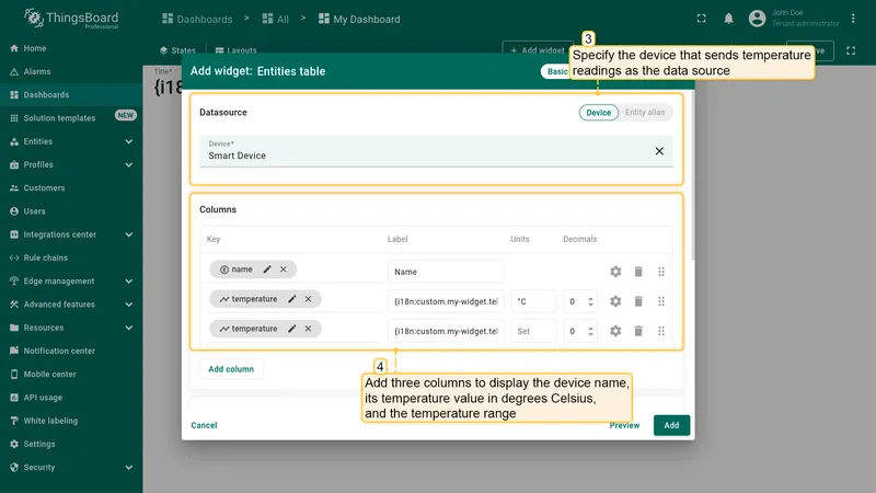 Configure three columns with i18n labels