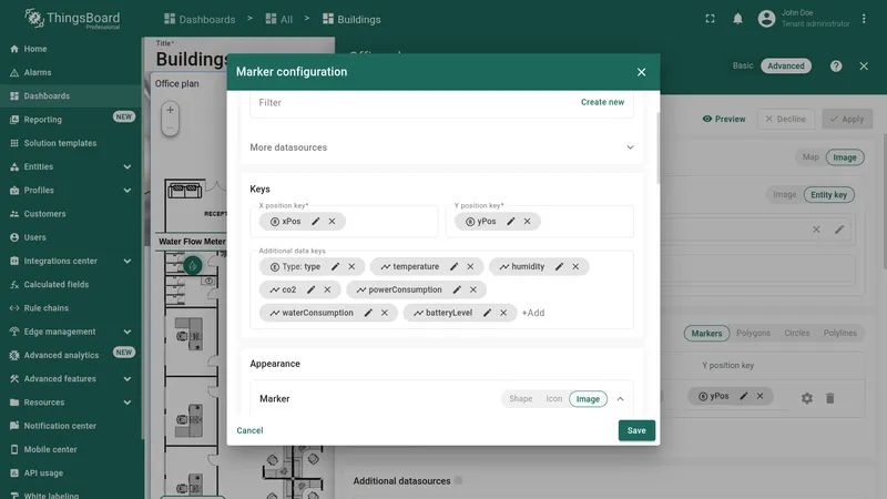 Marker configuration dialog with telemetry keys