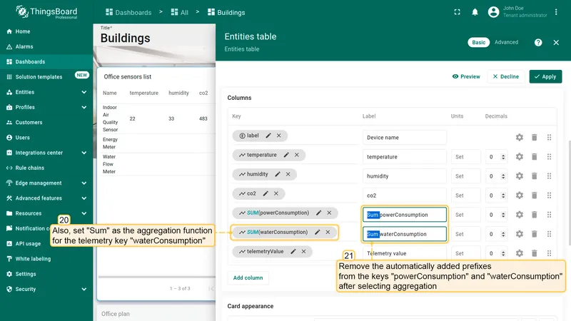 Entities table widget settings showing SUM(powerConsumption) and SUM(waterConsumption) keys with instructions to remove generated prefixes