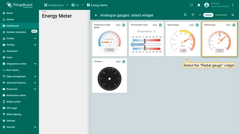 Analogue gauges bundle with Radial gauge widget highlighted