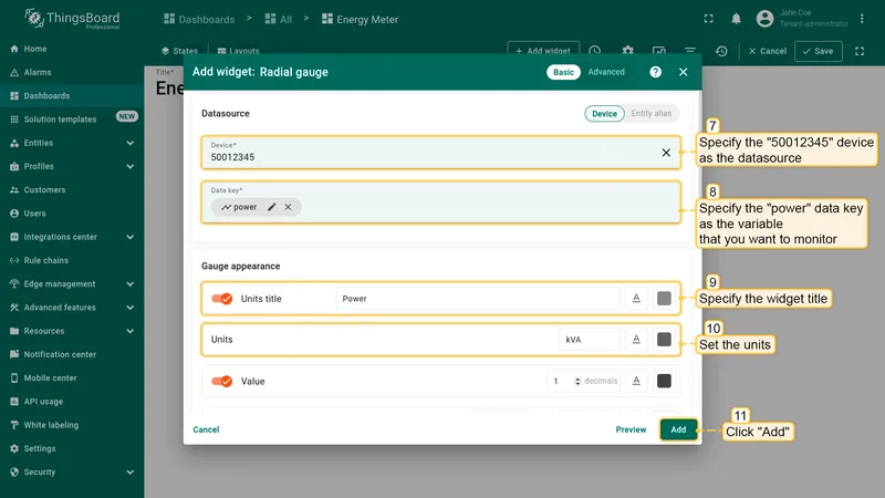 Radial gauge widget configuration with device data source and power key