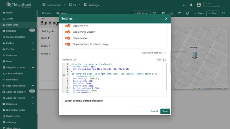 Dashboard settings dialog — Advanced settings with Dashboard CSS field