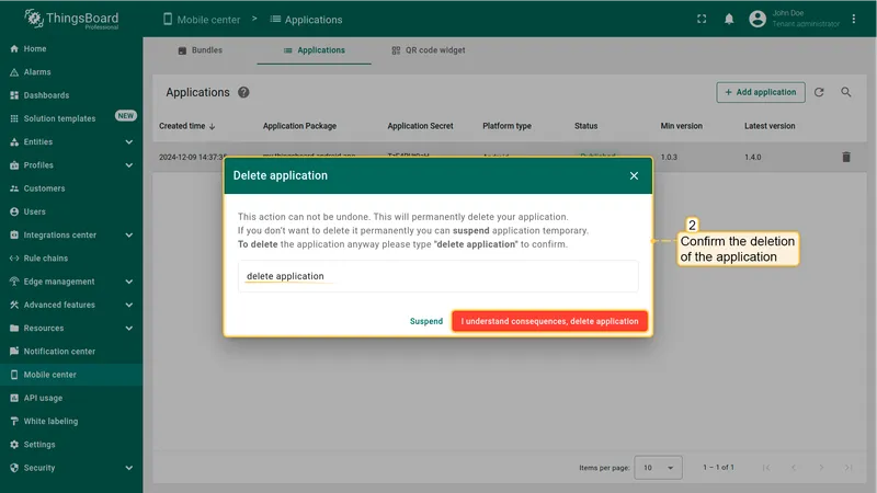 Delete application confirmation dialog with red "Understand consequences, delete application" button