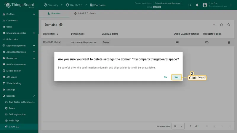 Confirm domain deletion