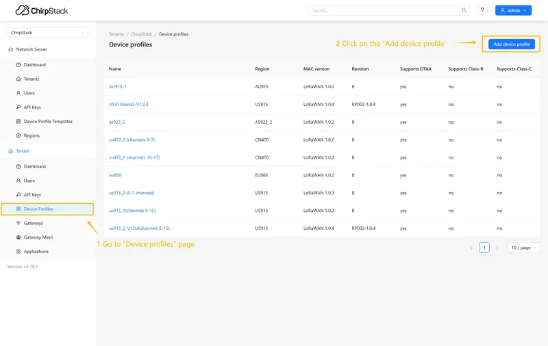 Login to Chirpstack server. Go to the "**Device profiles**" page and click on **Add device profile** button.